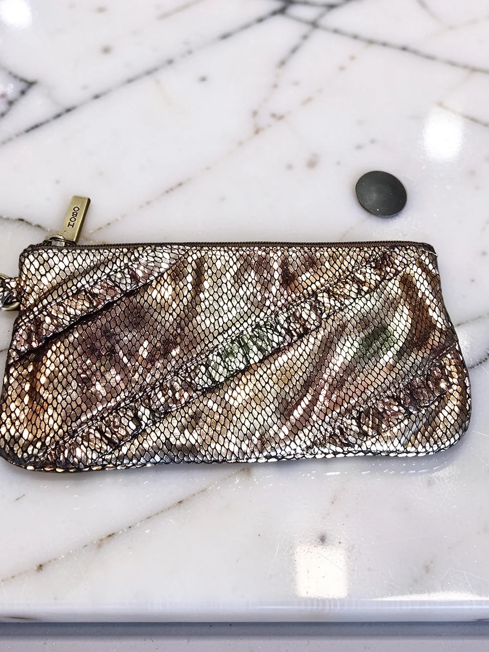 HOBO Sable Metal Snake Embossed Leather Wristlet Pouch Clutch